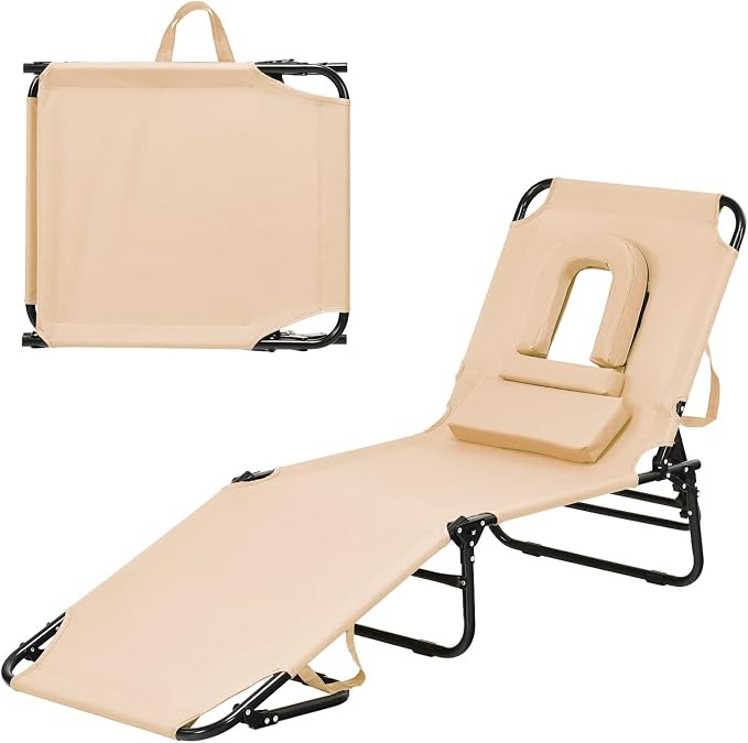 Folding Beach Lounge Chair w/ 5 Adjutable Backrest & Padded Pillow, Sunbathing Lounger Chair, Sun Tanning Lay Flat Chair for Seaside Pool Deck, Max Load 330 LBS, No Assembly Required (Beige)