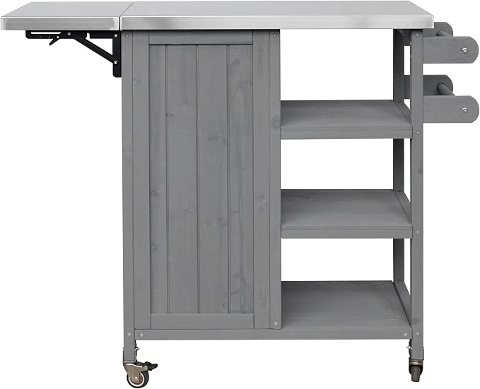 JIVOIT Outdoor Kitchen Island with Foldable Stainless Steel Tabletop, Patio Fir Wood Kitchen Cart Portable Prep Station with Lockable Wheels, Storage Cabinet and Towel Rack (Grey/123)