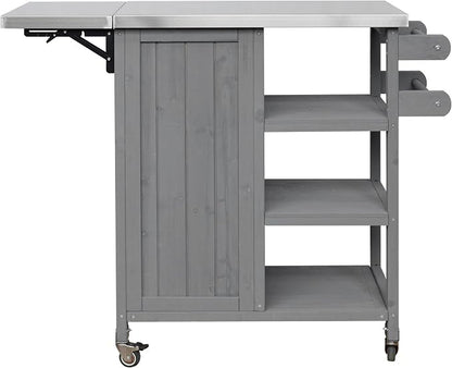 JIVOIT Outdoor Kitchen Island with Foldable Stainless Steel Tabletop, Patio Fir Wood Kitchen Cart Portable Prep Station with Lockable Wheels, Storage Cabinet and Towel Rack (Grey/123)