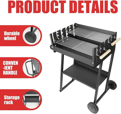 Portable Charcoal Grill, Skewer Charcoal Grill with wheels for Outdoor Cooking Camping Garden