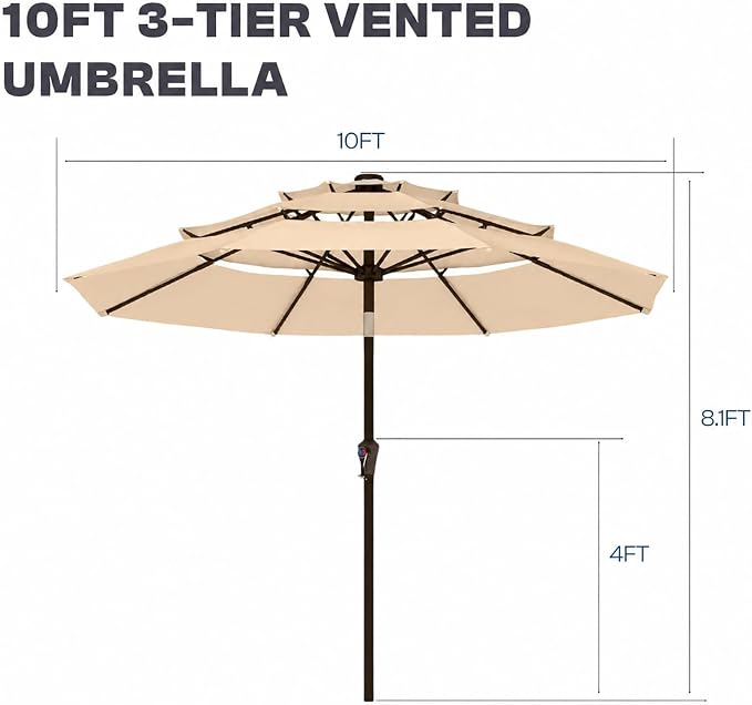 10ft 3 Tier Patio Umbrella, Outdoor Market Table Umbrella with UPF 50+ Vented Canopy, 8 Sturdy Ribs, Easy Push Button Tilt and Crank, Windproof for Deck, Pool, Backyard and Garden