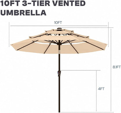 10ft 3 Tier Patio Umbrella, Outdoor Market Table Umbrella with UPF 50+ Vented Canopy, 8 Sturdy Ribs, Easy Push Button Tilt and Crank, Windproof for Deck, Pool, Backyard and Garden