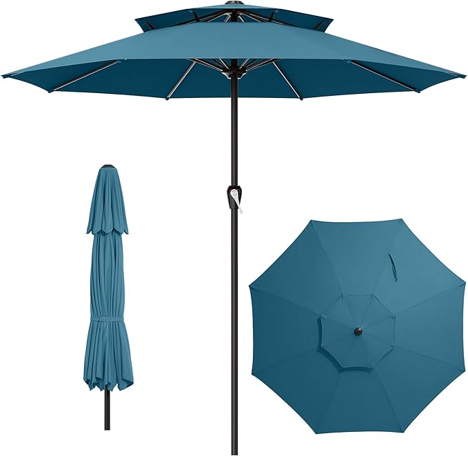 AreShark 12ft 2 Tiers Patio Umbrella - Outdoor Umbrella Waterproof UV Protection, Market Table Umbrella w/ 8 Sturdy Ribs&Crank for Pool, Porch, Garden(Lake Blue)