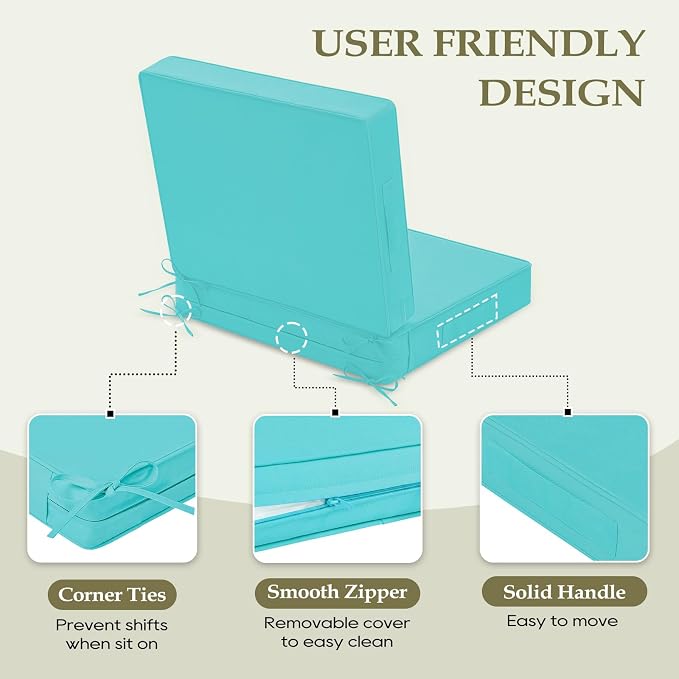Wellsin Outdoor Deep Seat Patio Cushions, 24 x 24 Waterproof & 3-Year Fade Resistant Outdoor Cushions with Removable Covers,Ties and Handle for Chair, Sofa, Couch, Teal
