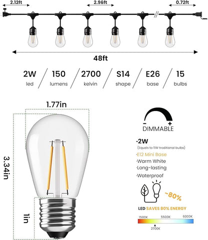 Svater 192 FT Outdoor String Lights 2W S14 LED Commercial Grade Waterproof | IP65 Hanging Light for Patio Outside Cafe Market Antique Edison Bulbs, ETL-Listed Warm White (48 FT*4)