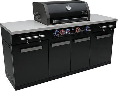 Mont Alpi Premium 70"W x 24"D Black Stainless Steel Compact Outdoor Kitchen Island with Access Doors + 32"W 4-Burner BBQ Grill with Infrared Rear Burner + Storage Cabinets + White Granite Countertops
