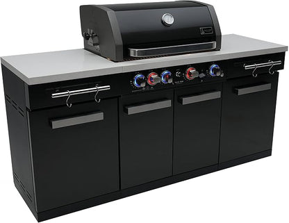 Mont Alpi 70"W x 24"D x 46"H Black Stainless Steel Outdoor Kitchen Island + 32"W 4-Burner BBQ Gas Grill with Infrared Burner + Storage Cabinets + White Granite Countertops + Natural Gas Conversion Kit