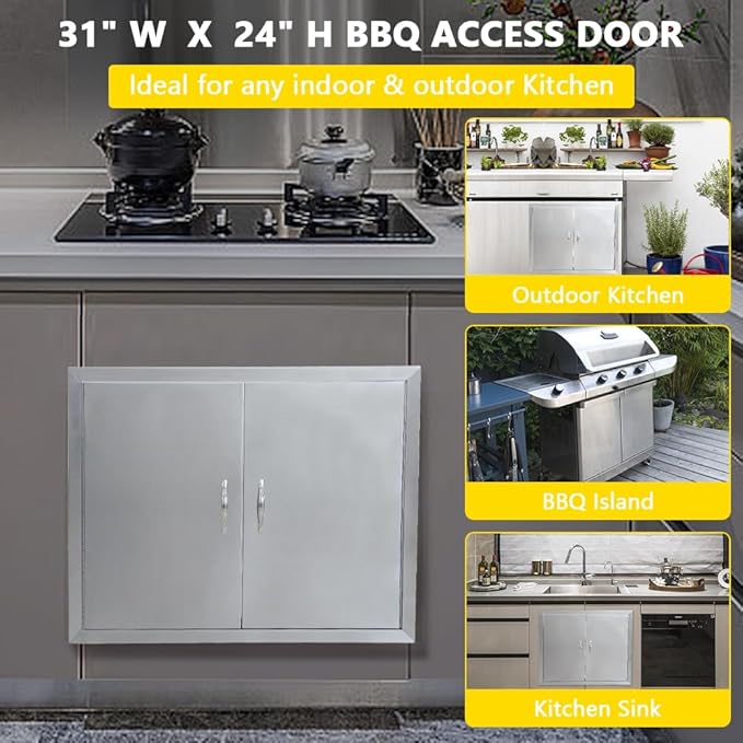 GarveeLife BBQ Access Door, 31 in W x 24 in H Outdoor Kitchen Double Door, 304 Stainless Steel Flush Mount Door for BBQ Island, Grilling Station, Outside Cabinet