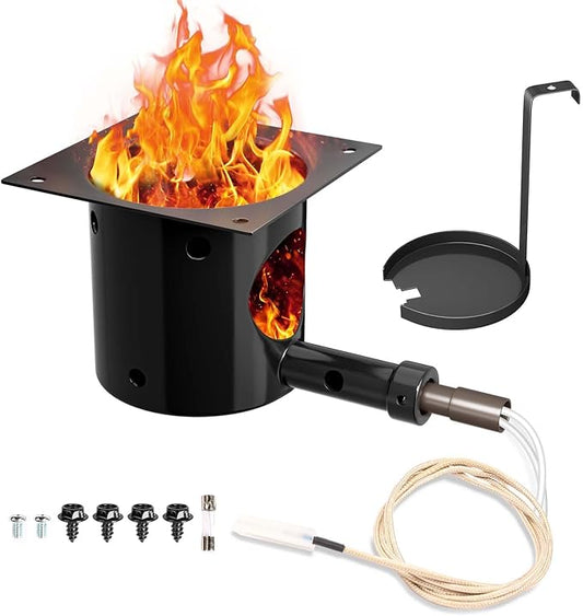 GRISUN Fire Pot Burn Pot and Hot Rod Ignitor Kit for Traeger, Pit Boss Pellet Grill, Upgraded Porcelain-Enameled Fire Pot, Heavy Duty Pellet Grill Replacement Parts, with Ash Remover, Screws and Fuse