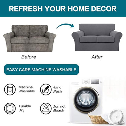 Turquoize 3 Piece Sofa Covers for 2 Cushion Couch Sofa Slipcover Soft Couch Cover for Dogs-Washable Sofa Furniture Covers with 2 Individual Cushion Covers, Thick Jacquard Fabric (Loveseat, Gray)