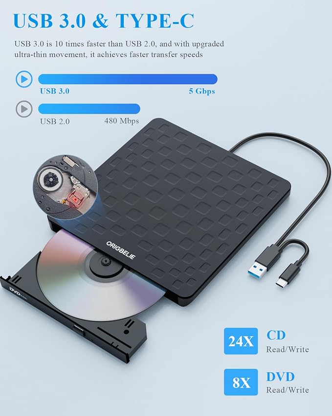 ORIGBELIE External CD DVD Drive for Laptop, USB 3.0 Type-C 13mm DVD Player | Ultra Slim Portable CD DVD +/-RW Drive CD Burner Reader Writer Recorder for Desktop PC Windows 11/10/8/7 Linux Mac OS (Black)