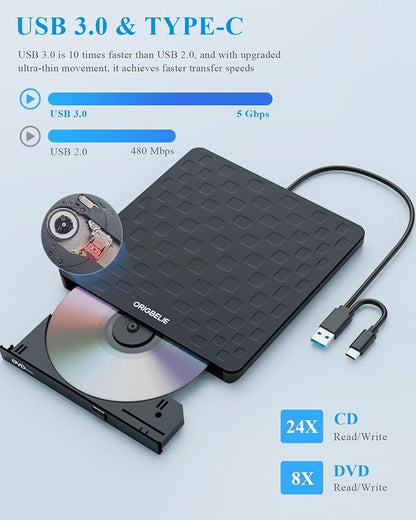 ORIGBELIE External CD DVD Drive for Laptop, USB 3.0 Type-C 13mm DVD Player | Ultra Slim Portable CD DVD +/-RW Drive CD Burner Reader Writer Recorder for Desktop PC Windows 11/10/8/7 Linux Mac OS (Black)