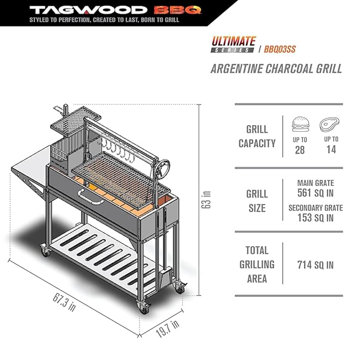 TAGWOOD BBQ Fully Featured Argentine Grill Santa Maria Grill Style With Brasero Stainless Steel | BBQ03SS