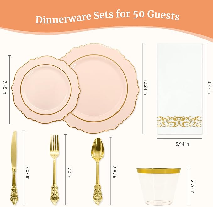 AIRE 350PCS Pink Gold Plastic Plates for Party, Dinnerware Sets for 50 Guests, Disposable Plastic Party Supplies Plates Cups Spoons Forks Knives Napkins for Wedding Birthday Baby Shower BBQ Parties