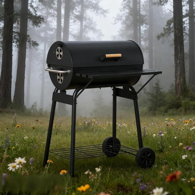 Portable Camping Charcoal BBQ Grill with 2 Burners, Outdoor Grills & Smokers for Backyard Barbecue, Large Charcoal Grill with Offset Smoker Combo, Barrel Style Charcoal Grills for Cooking,A6