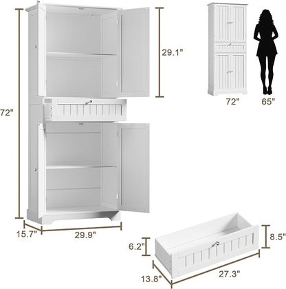 ChooChoo 72" H Bathroom Floor Cabinet with Drawers and Adjustable Shelves | Bathroom Storage Cabinet, Freestanding Kitchen Pantry Cupboard with 4 Doors for Living Room, White