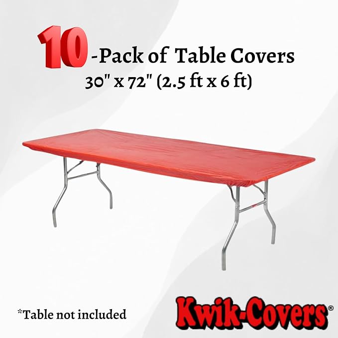 6' Rectangular Plastic Table Covers 30" x 72" (6 Feet), Bundle of 10 - Indoor or Outdoor Fitted Table Covers for Banquet Tables (Red)