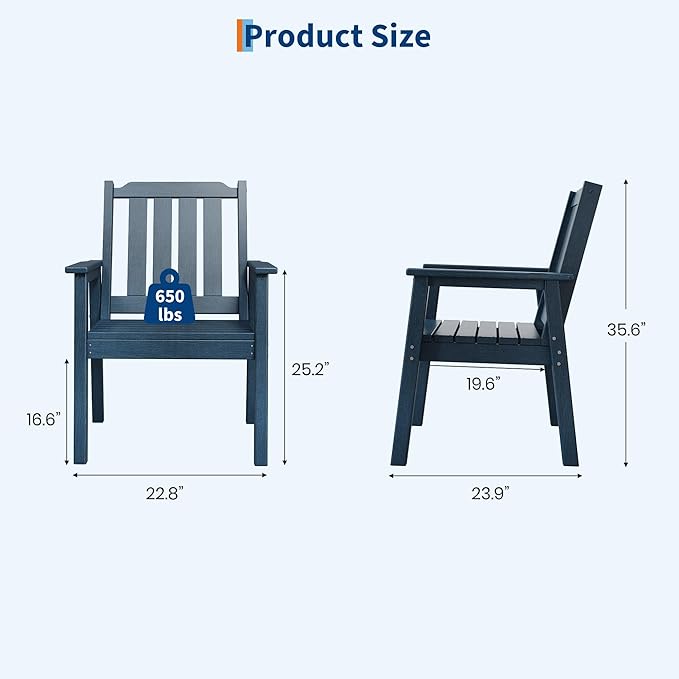 Outdoor Dining Chairs Set of 2, HDPE Patio Chairs 650LBS Capacity All-Weather Yard Armchair with Slatted Seat, 23.9" Wide Heavy Duty Modern Backyard Furniture for Garden, Poolside, Deck (Navy Blue)