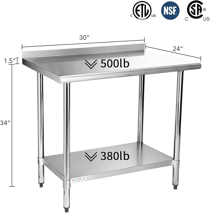 STABLEINK Stainless Steel Table with Backsplash 30x24 Inches for Prep | NSF Certified Metal Work Table Workbench with Undershelf for Commercial Kitchen Restaurant Hotel Laundry Garage Chef