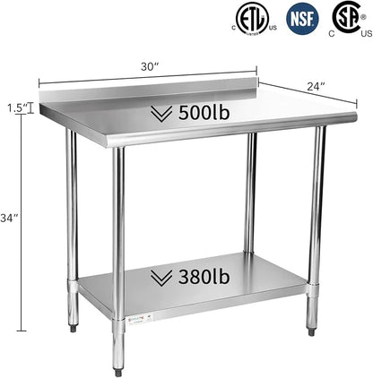 STABLEINK Stainless Steel Table with Backsplash 30x24 Inches for Prep | NSF Certified Metal Work Table Workbench with Undershelf for Commercial Kitchen Restaurant Hotel Laundry Garage Chef