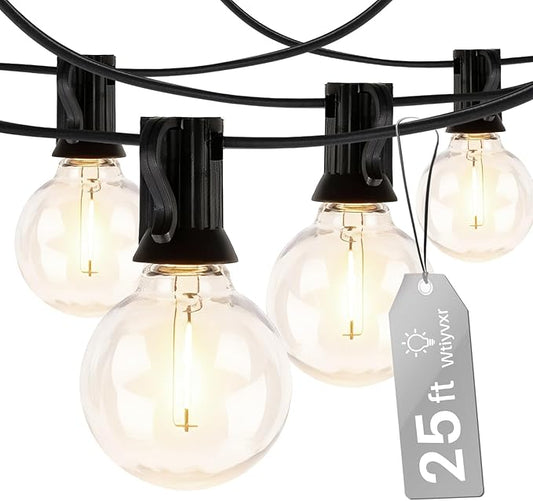 25 FT Outdoor String Lights G40 Globe Shatterproof Patio Lights,13 Plastic Edison Bulbs(1 Spare) IP65 Waterproof Dimmable LED Bulbs for Backyard Porch Balcony Party Decor, E12 Base, 2700K