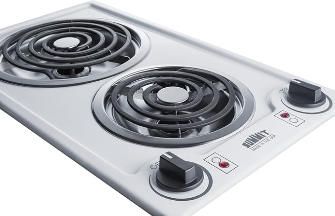 Summit 12" 2 Burner Electric Cooktop. 230V Radiant Cooktop, Coil Elements, Made in the USA, White- CCE225WH