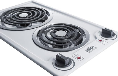 Summit 12" 2 Burner Electric Cooktop. 230V Radiant Cooktop, Coil Elements, Made in the USA, White- CCE225WH