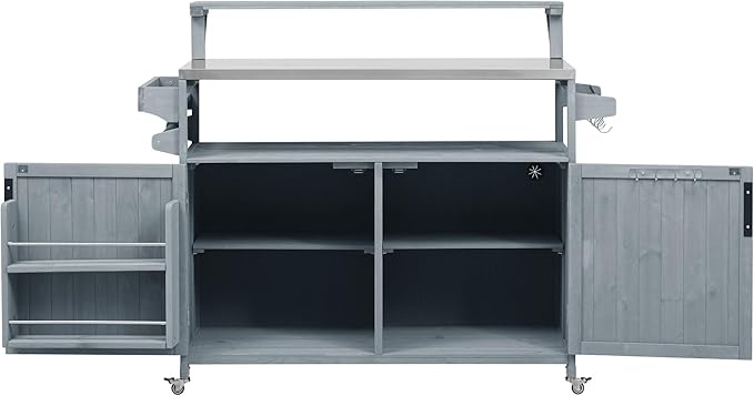 Outdoor Kitchen Island with Raised Shelf, Storage Cabinet with Stainless Steel Top,Outdoor Rolling Grill Cart with Internal Storage Rack, Adjustable Shelf,Spice Rack (Grey+Blue-@Outdoor cart)