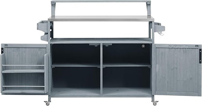 Outdoor Kitchen Island with Raised Shelf, Storage Cabinet with Stainless Steel Top,Outdoor Rolling Grill Cart with Internal Storage Rack, Adjustable Shelf,Spice Rack (Grey+Blue-@Outdoor cart)