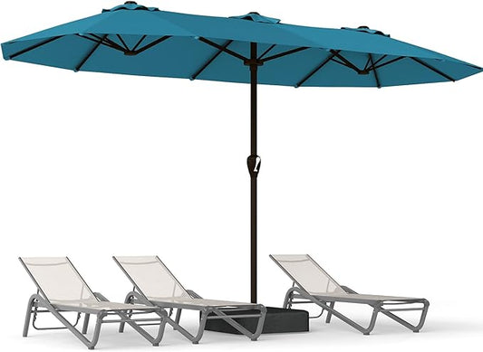 15FT Large Patio Umbrella with Base, Double Sided Rectangular Outdoor Umbrella with Sturdy Fiberglass Ribs, UPF 50+ Sun Protection, Wind-Resistant, Waterproof Fade-Resistant Fabric for Pool, Garden, Backyard, Deck(Lake Blue)