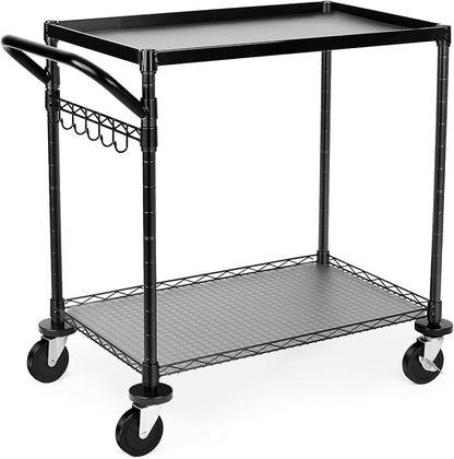 680Lbs Capacity Heavy Duty Rolling Utility Cart,2 Tier Rolling Carts with Wheels,Commercial Grade Metal Cart with Handle Bar & Shelf Liner,Trolley Serving Cart for Restaurant,Kitchen,Black