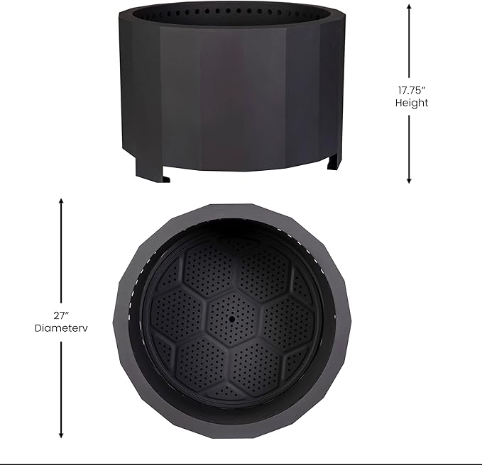 Merrick Lane Aries 27" Smokeless Firepit - Black Steel Finish - Wood Burning - Lightweight Portable Design - Waterproof Cover Included - No Assembly Required