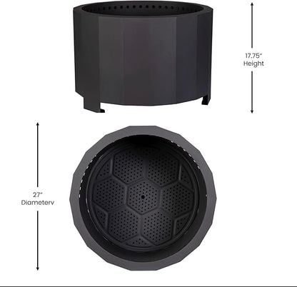 Merrick Lane Aries 27" Smokeless Firepit - Black Steel Finish - Wood Burning - Lightweight Portable Design - Waterproof Cover Included - No Assembly Required