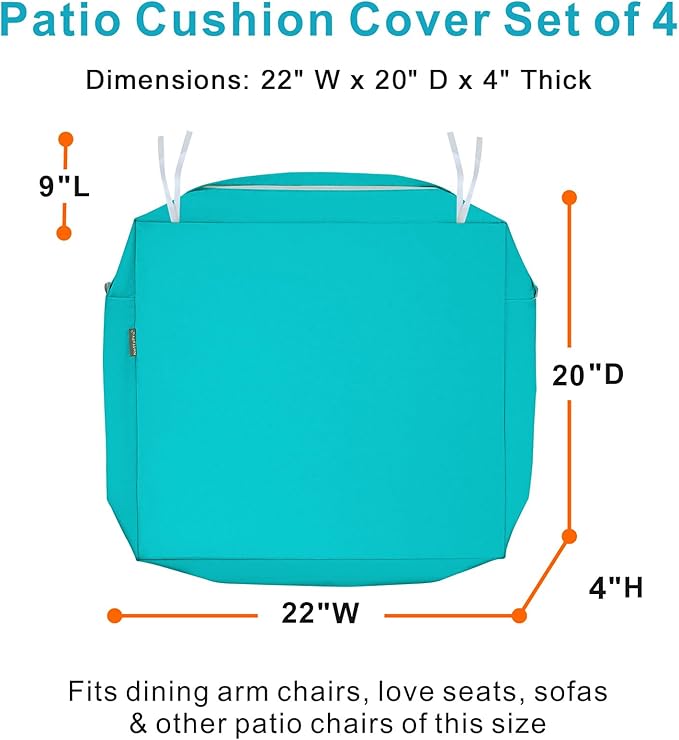 NettyPro Patio Chair Seat Cushion Covers Set 4, Waterproof Outdoor Furniture Cushion Slipcovers with Zipper and Tie, 22 x 20 x 4 Inch, Replacement Cover Only, Turquoise