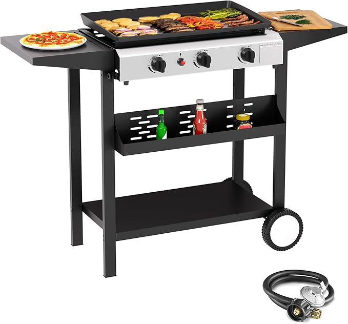 SKOK 3 Burner Outdoor Propane Griddle - 23.3 Inch, 30000 BTU, Portable Flat Top Gas Grill for Camping BBQ
