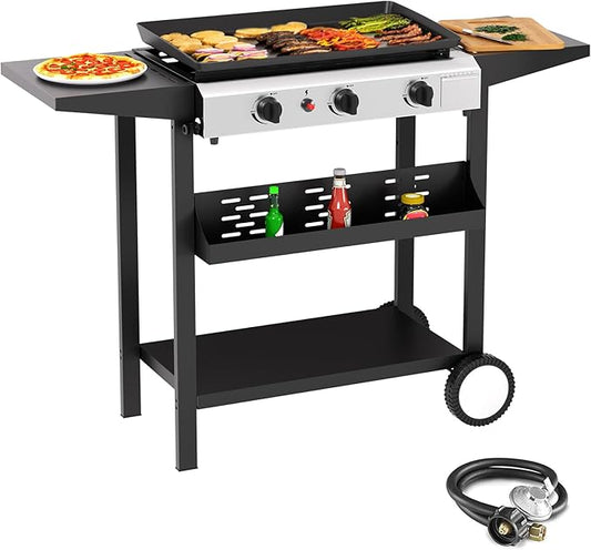 SKOK 3 Burner Outdoor Propane Griddle - 23.3 Inch, 30000 BTU, Portable Flat Top Gas Grill for Camping BBQ