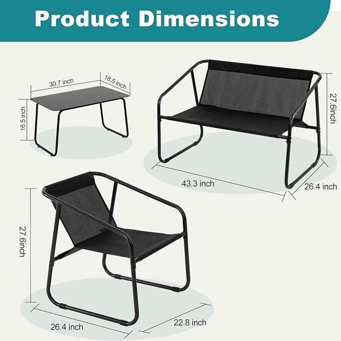 DUMOS 4 Piece Patio Furniture Set, Outdoor Patio Furniture Set with Table and Chairs, Sectional Bistro Sets for Lawn, Garden, Balcony, Pool, Poolside Black
