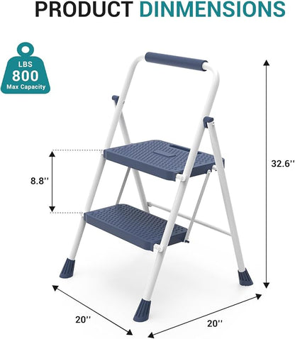 OLIXIS 2 Step Ladder, 880lbs Heavy Duty Step Stool with Anti-Slip Pedal | Portable Stepping Stool with Sturdy Ladder & Comfortable Handrail, for Kitchen, Garage & Outdoor Use, Blue