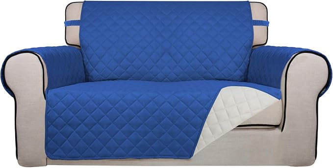 PureFit Reversible Quilted Couch Covers for Dogs Loveseat Sofa Cover 46.5” | Classic Blue/Ivory, Water Resistant Couch Protector, Washable Pet Couch Cover with Non Slip and Elastic Straps For Kids