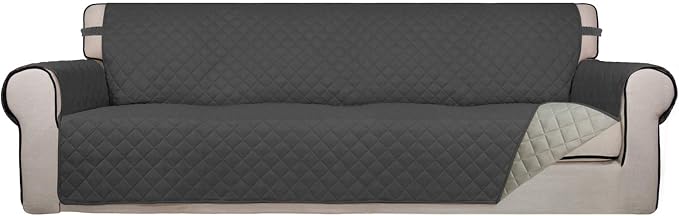 PureFit Reversible Quilted Couch Covers for Dogs Sofa Cover 4 Seater 88" | Dark Gray/Beige, Water Resistant Couch Protector, Washable Pet Couch Cover with Non Slip and Elastic Straps For Kids