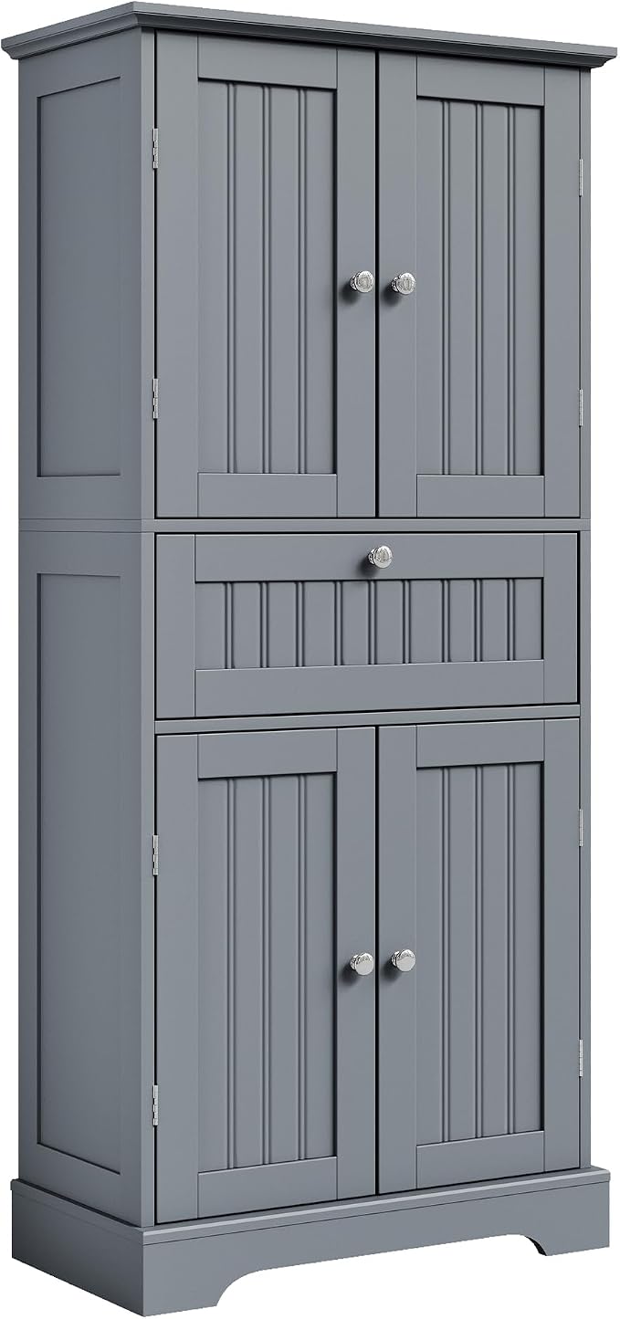 ChooChoo 51" H Bathroom Floor Cabinet with Drawers and Adjustable Shelves | Bathroom Storage Cabinet, Freestanding Kitchen Pantry Cupboard with 4 Doors for Living Room, Grey