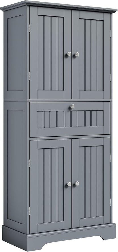ChooChoo 51" H Bathroom Floor Cabinet with Drawers and Adjustable Shelves | Bathroom Storage Cabinet, Freestanding Kitchen Pantry Cupboard with 4 Doors for Living Room, Grey