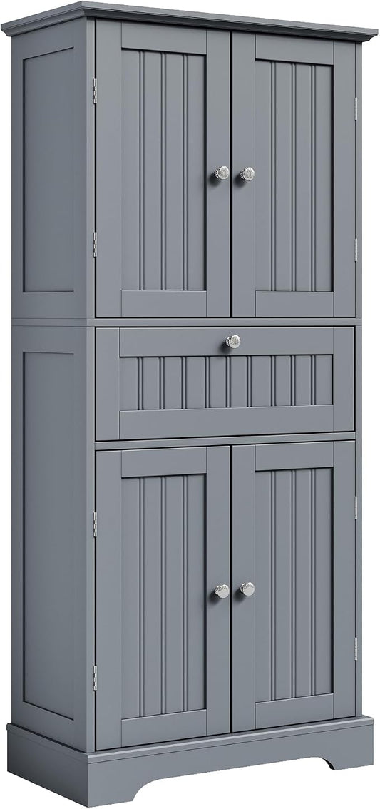 ChooChoo 51" H Bathroom Floor Cabinet with Drawers and Adjustable Shelves | Bathroom Storage Cabinet, Freestanding Kitchen Pantry Cupboard with 4 Doors for Living Room, Grey