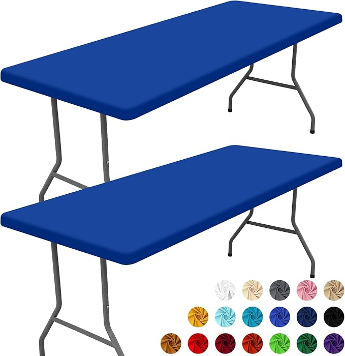 Moosfor 2 Pack Rectangle Spandex Fitted Table Cloth, 6FT Elastic Tablecloth | Washable Picnic Table Cover, Stretch Waterproof Table cloths for Party, Patio, Dining, Kitchen, 30" x 72", Blue