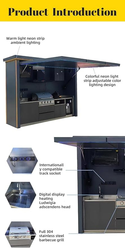 Prefab Outdoor Kitchen with Roof and Grill, Modular Outdoor Kitchen Island with Sink Refrigerator Storage Cabinet, Backyard Patio BBQ Cooking Station for Outdoor Entertaining