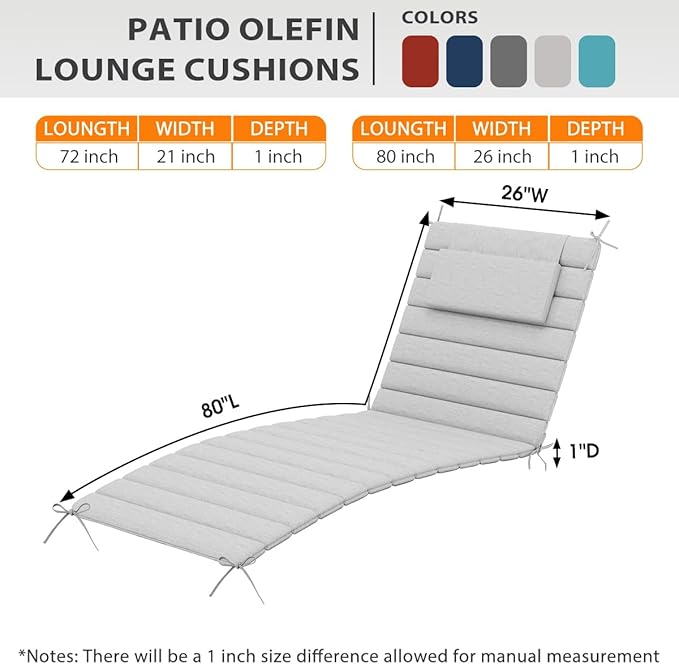Sundale Outdoor Olefin Quilted Lounge Cushion Set of 4, Patio Foldable Chaise Lounger Cushion, Water-Resistant Lounge Chair Pad with Straps Light Gray, 80 x 26 inches