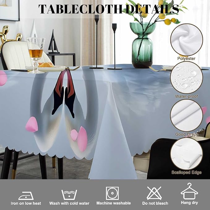 Swono Decorative Rectangle Table Cloth Swans, White Swans Love Heart Flowers Polyester Tablecloth Kitchen Table Cover for Dining BBQ Picnic Coffee Table 50x72, 4-6 Seats