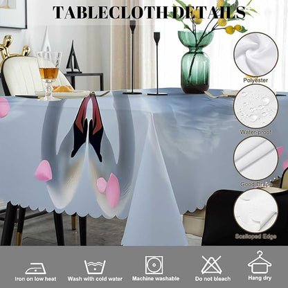 Swono Decorative Rectangle Table Cloth Swans, White Swans Love Heart Flowers Polyester Tablecloth Kitchen Table Cover for Dining BBQ Picnic Coffee Table 50x72, 4-6 Seats