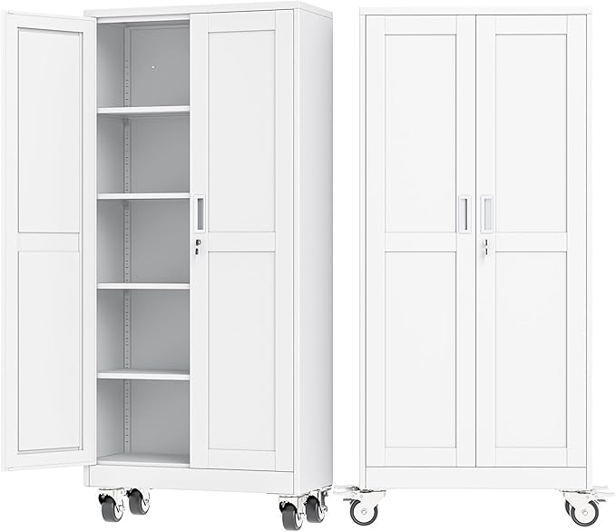 Ckzbx Metal Garage Storage Cabinet with Locking Doors and Adjustable Shelves,71" H Steel File Cabinet with Wheels for Garage,Office (White)