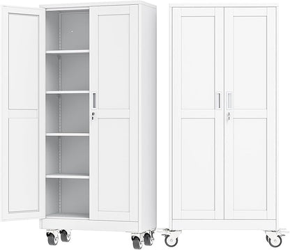 Ckzbx Metal Garage Storage Cabinet with Locking Doors and Adjustable Shelves,71" H Steel File Cabinet with Wheels for Garage,Office (White)